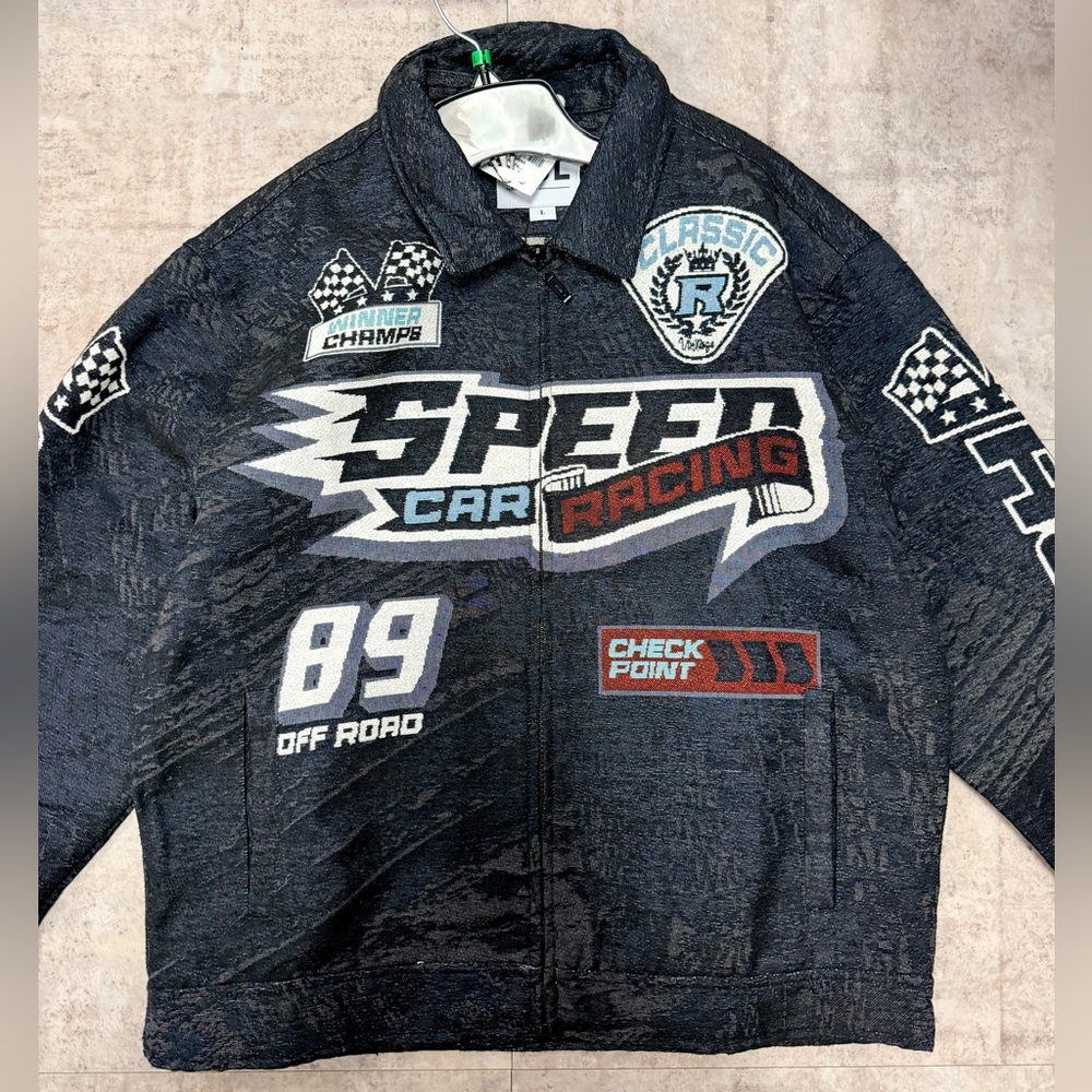 NWT RBL Speed Car Racing Men's Bomber Jacket - Black